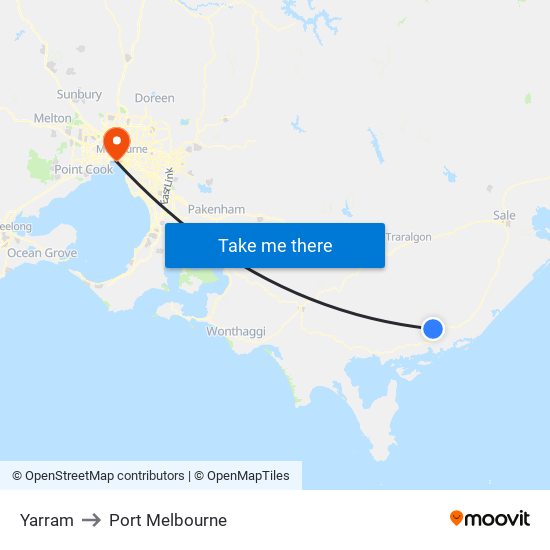 Yarram to Port Melbourne map