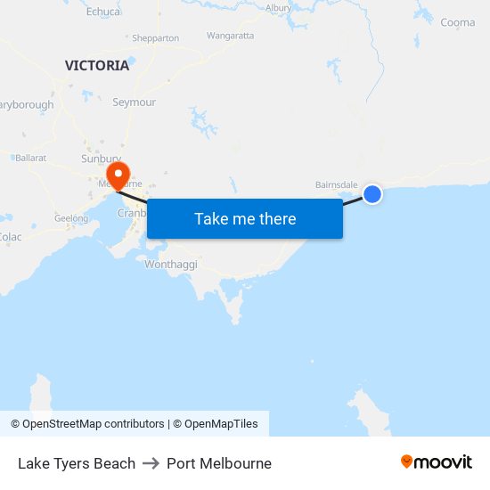 Lake Tyers Beach to Port Melbourne map
