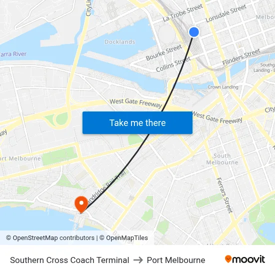 Southern Cross Coach Terminal to Port Melbourne map