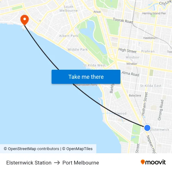 Elsternwick Station to Port Melbourne map