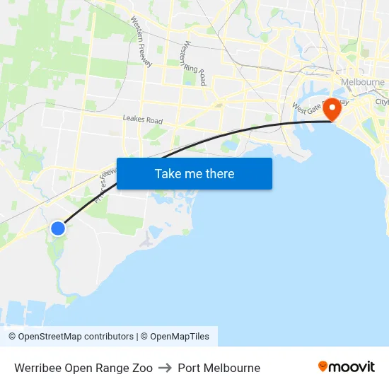 Werribee Open Range Zoo to Port Melbourne map