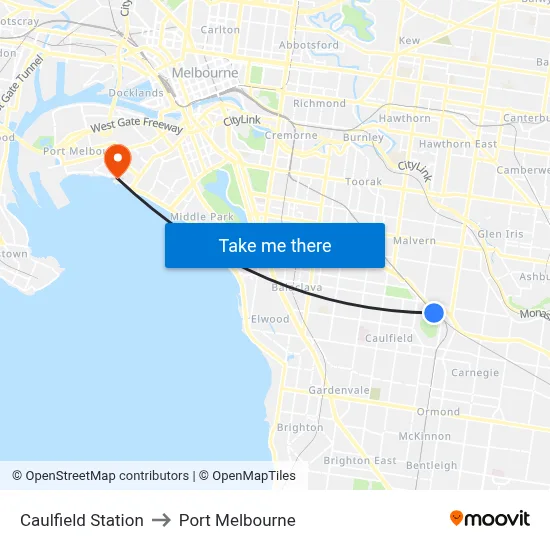 Caulfield Station to Port Melbourne map