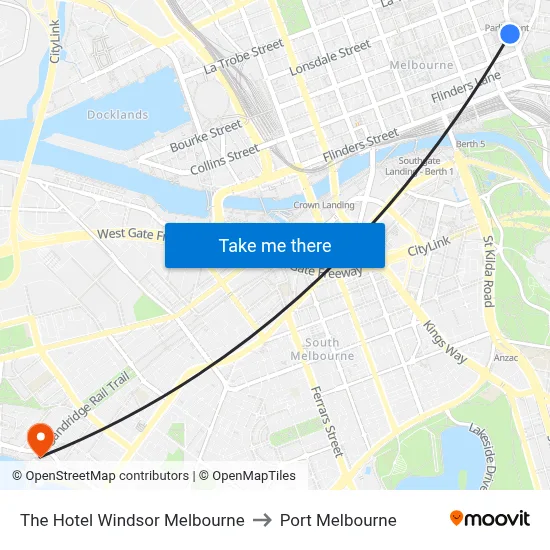 The Hotel Windsor Melbourne to Port Melbourne map