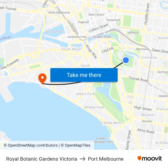 Royal Botanic Gardens Victoria to Port Melbourne map