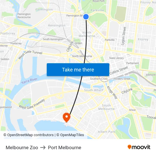 Melbourne Zoo to Port Melbourne map