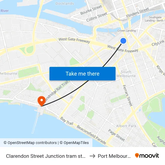 Clarendon Street Junction tram stop to Port Melbourne map