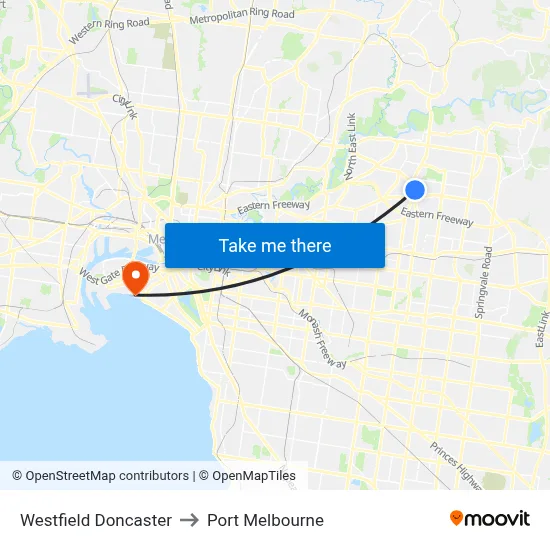Westfield Doncaster to Port Melbourne map