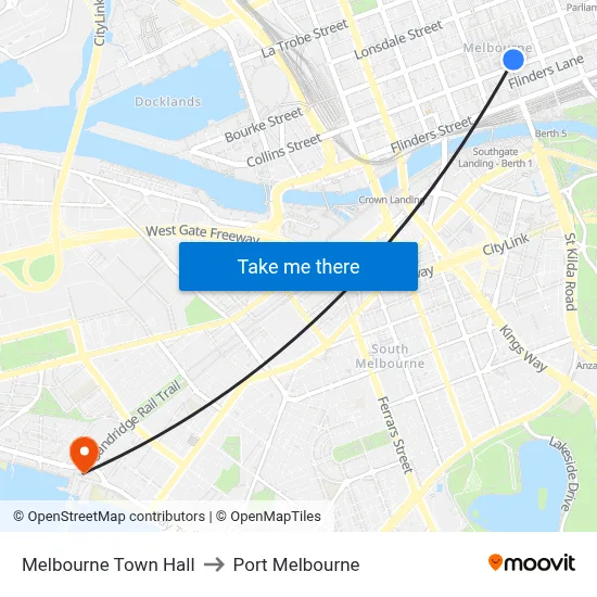 Melbourne Town Hall to Port Melbourne map