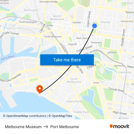 Melbourne Museum to Port Melbourne map