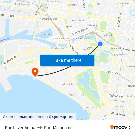 Rod Laver Arena to Port Melbourne map