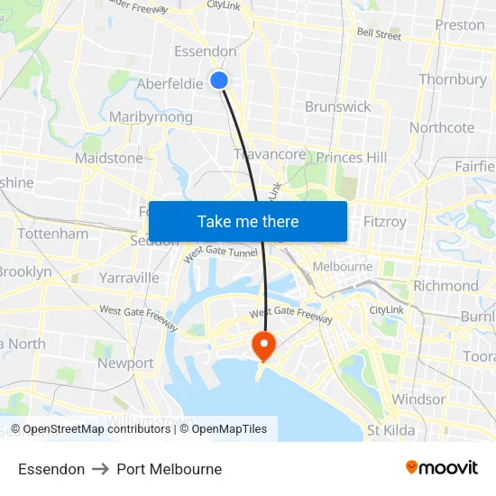 Essendon to Port Melbourne map