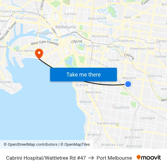 Cabrini Hospital/Wattletree Rd #47 to Port Melbourne map