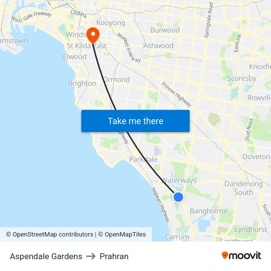Aspendale Gardens to Prahran map