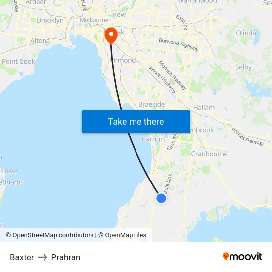 Baxter to Prahran map