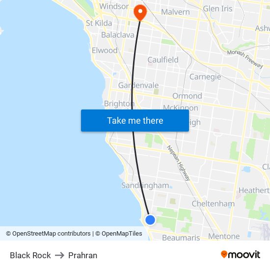 Black Rock to Prahran map