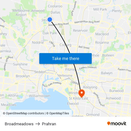 Broadmeadows to Prahran map