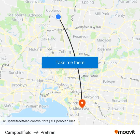 Campbellfield to Prahran map