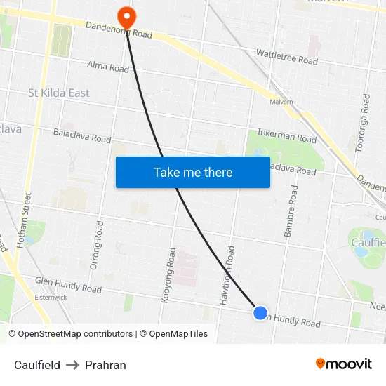 Caulfield to Prahran map