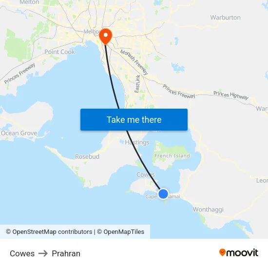 Cowes to Prahran map