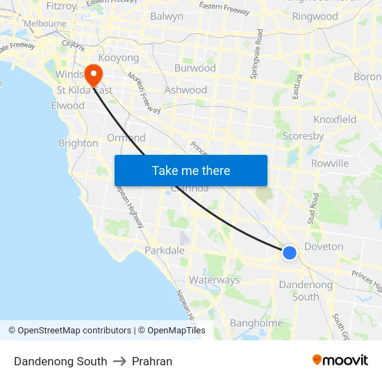 Dandenong South to Prahran map