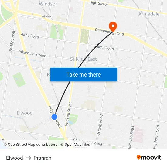 Elwood to Prahran map