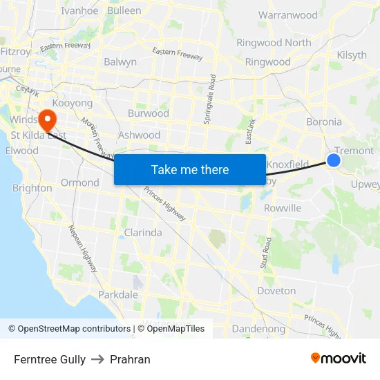 Ferntree Gully to Prahran map