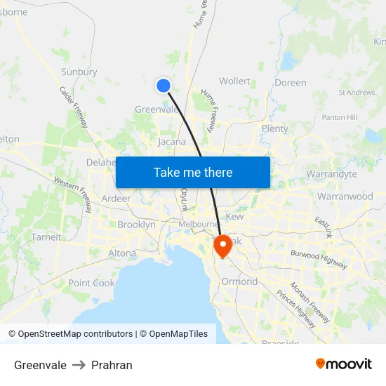 Greenvale to Prahran map
