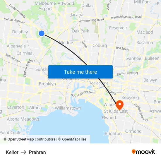 Keilor to Prahran map