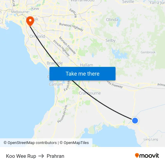 Koo Wee Rup to Prahran map