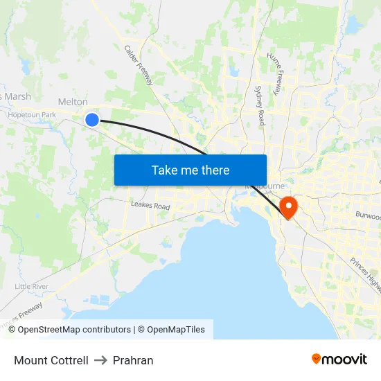 Mount Cottrell to Prahran map