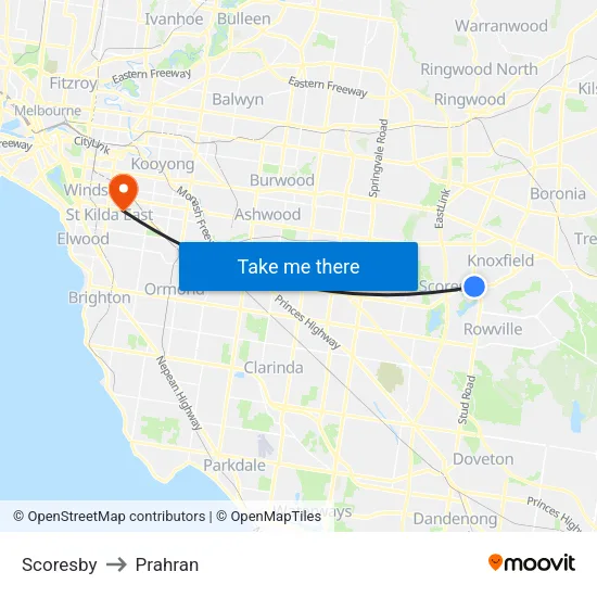 Scoresby to Prahran map