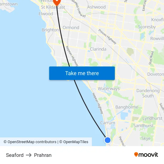 Seaford to Prahran map