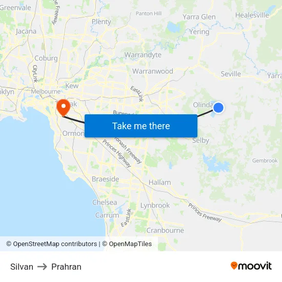 Silvan to Prahran map