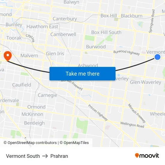 Vermont South to Prahran map