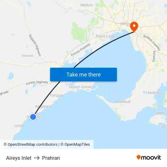 Aireys Inlet to Prahran map