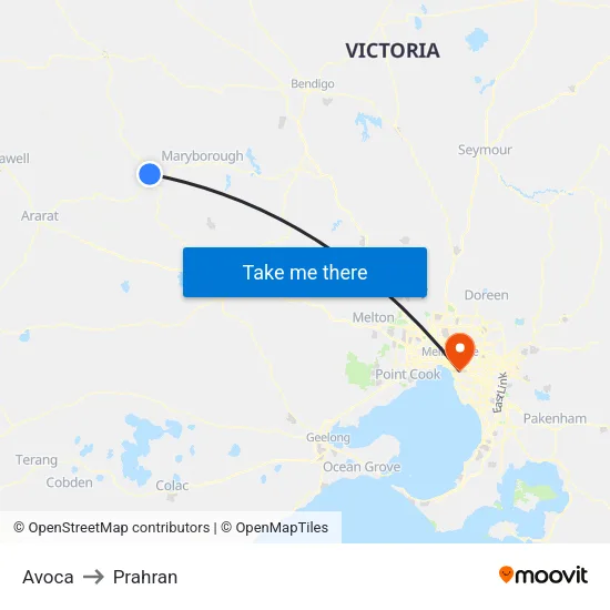 Avoca to Prahran map
