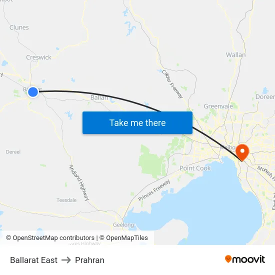 Ballarat East to Prahran map