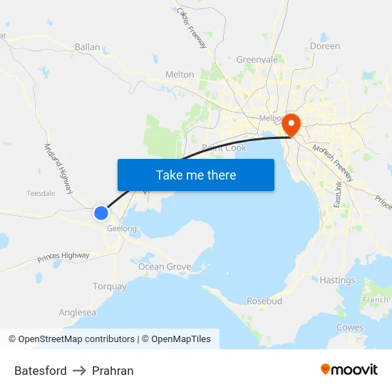 Batesford to Prahran map