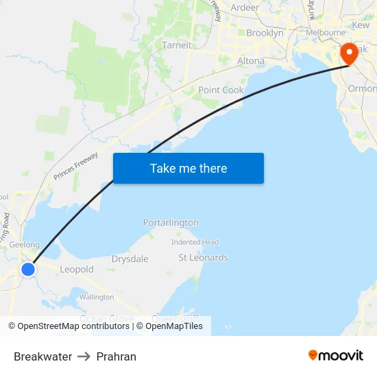 Breakwater to Prahran map