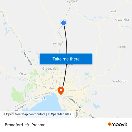 Broadford to Prahran map