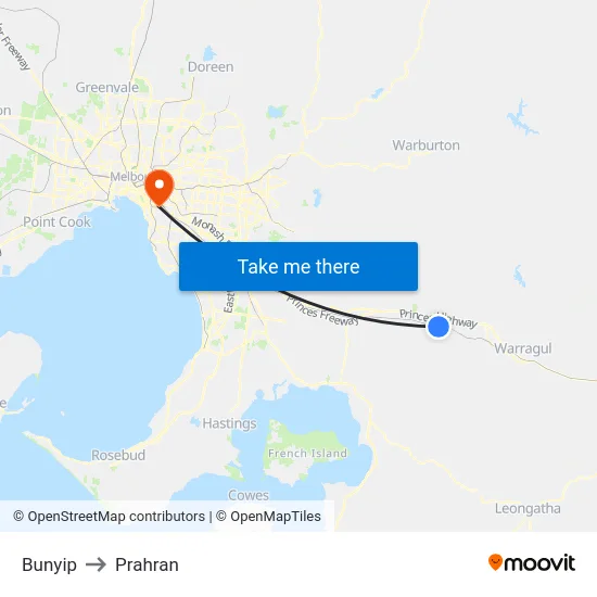 Bunyip to Prahran map