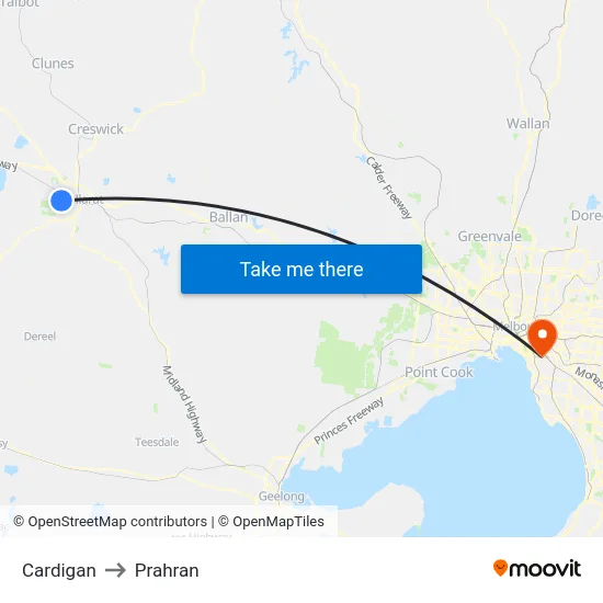 Cardigan to Prahran map
