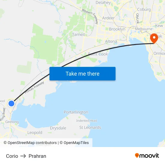Corio to Prahran map