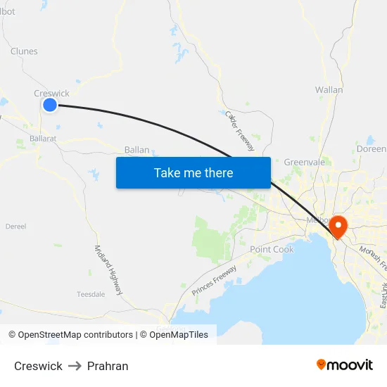 Creswick to Prahran map