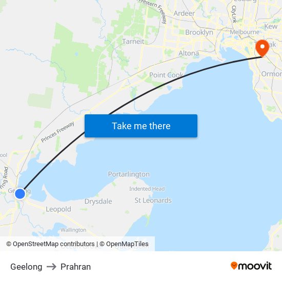 Geelong to Prahran map