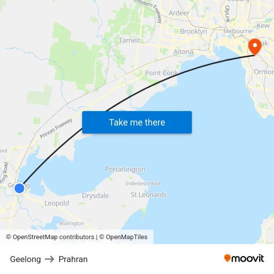 Geelong to Prahran map