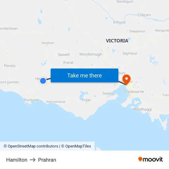 Hamilton to Prahran map