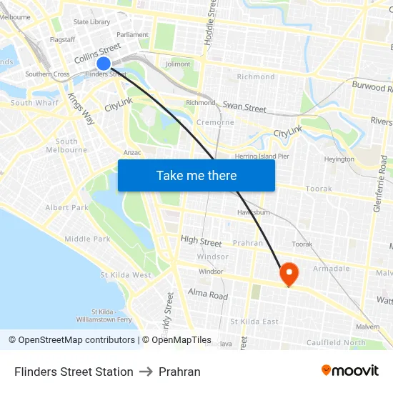 Flinders Street Station to Prahran map