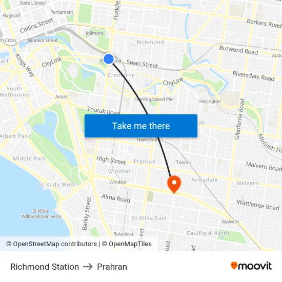 Richmond Station to Prahran map