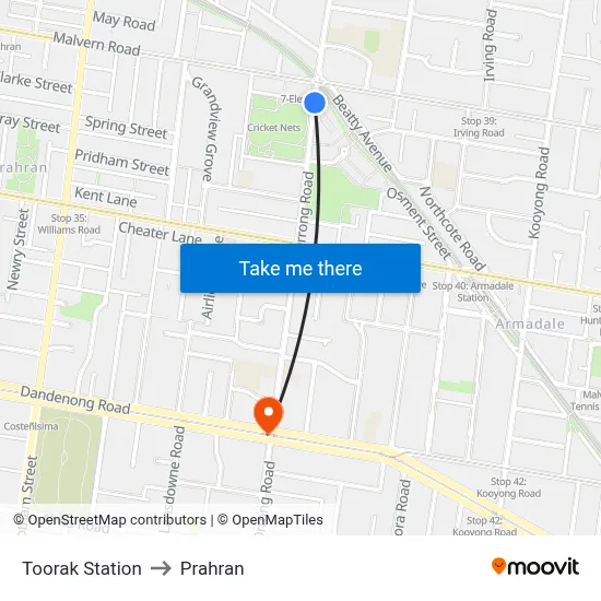 Toorak Station to Prahran map